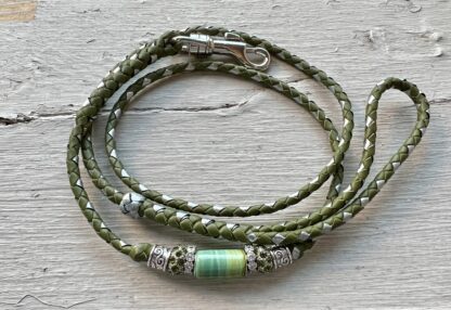 Olive Green & Silver kangaroo show lead with Green & Silver beads